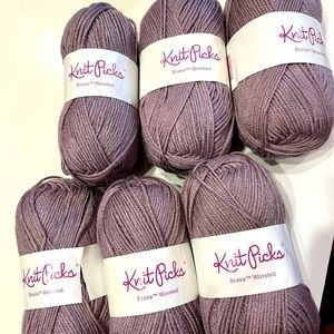 Six skeins, balls of Knit Picks Brava worsted yarn. Seraphim lilac color